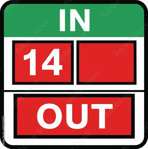 Scoreboard with in out and number 14 indicating a game or match result display vector