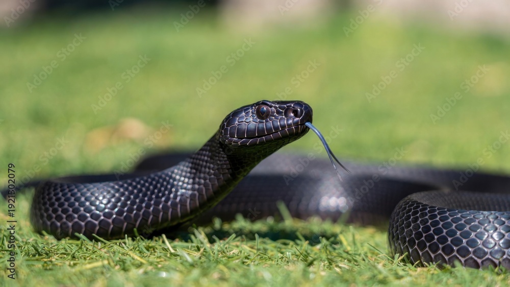 Fototapeta premium Close-up of black snake with tongue out on grass.