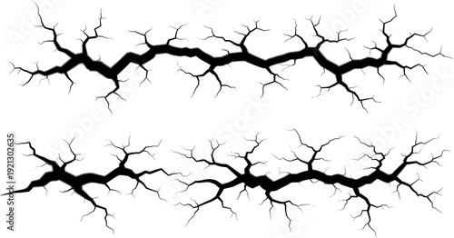 Black crack fracture lines set with broken ground texture isolated vector collection