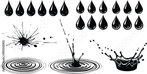 Black Water Drop and Splash Silhouette Collection with Ripple Effects Vector Illustration Set Isolated on White Background