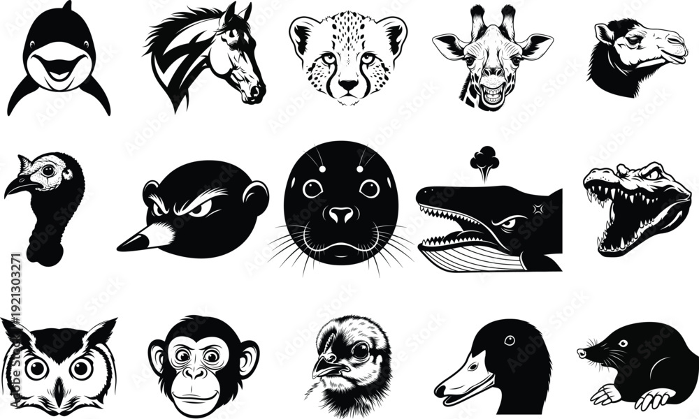 Obraz premium Collection of various animal heads in profile and front views