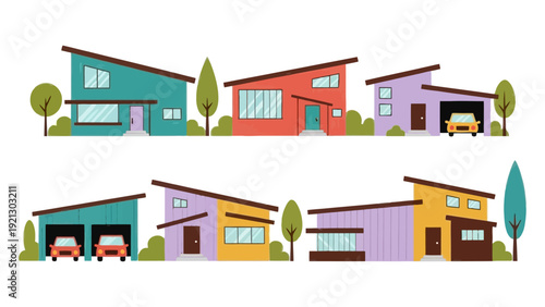 colorful houses with garages and trees suburban neighborhood scene