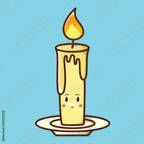 Cute Kawaii Candle Vector – Pastel Colored Flat Style Decorative Light Illustration, Hand Drawn Wax Candle Icon for Birthday, Celebration, Romantic Dinner, Home Decor, Relaxation, and Cozy Atmosphere 