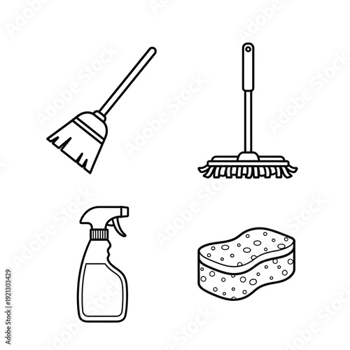 Simple black and white line art illustration of a feather duster, floor brush, spray bottle, and sponge in a minimalist style, isolated on a white background, representing a set of cleaning 