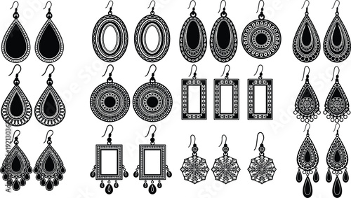 Ornate Earrings Silhouette Collection Featuring Vintage Teardrop, Oval and Geometric Designs Black Vector Illustration Set for Jewelry Design