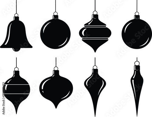 Minimal Christmas Ornament Silhouette Set Featuring Hanging Baubles and Bell Shapes Black Vector Illustration Collection for Holiday Decoration