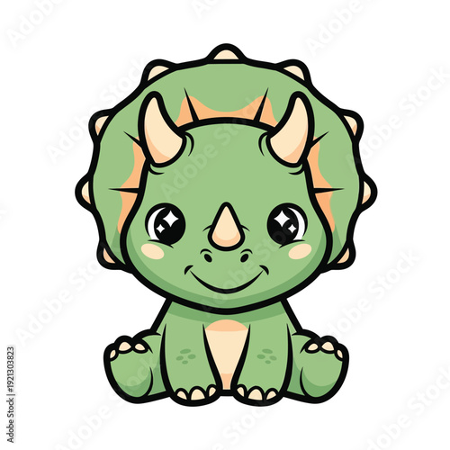 Adorable Kawaii Triceratops Dinosaur Character, Sitting Playfully, Cute Cartoon Style, Whimsical, Vibrant Green, Children's Theme, Isolated on White Background