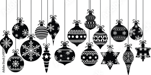 Christmas Ornament Silhouette Collection Featuring Hanging Baubles, Stars and Snowflake Decorations Black Vector Illustration Set for Holiday Design