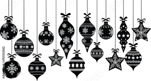 Elegant Christmas Ornament Silhouettes Featuring Hanging Baubles, Star Shapes and Snowflake Patterns Black Vector Illustration Collection for Festive Designs