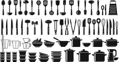 Extensive Kitchen Cookware and Utensils Silhouette Set Including Knives, Pots, Pans, Bowls and Appliances Vector Illustration Collection