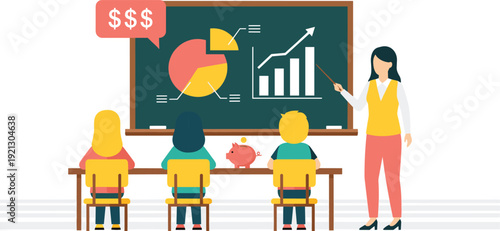 Flat vector illustration of a teacher explaining financial growth and savings to students using charts on a chalkboard in a classroom setting, cad drawing flat vector illustration
