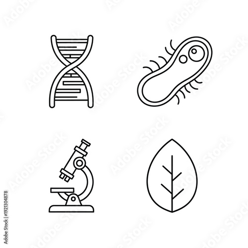 Scientific discovery symbols DNA helix, bacterium, microscope, and leaf, presented as minimalist line art icons for biological research, genetics, and medical science.