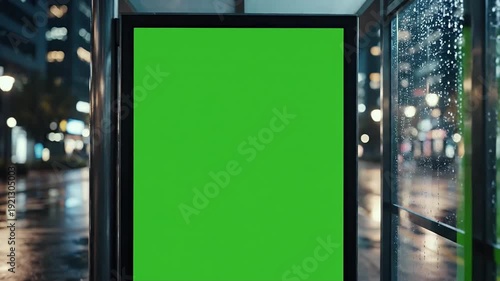City Street Bus Stop with Green Screen Mockup on Wet Night with Dark Sky and Modern Buildings