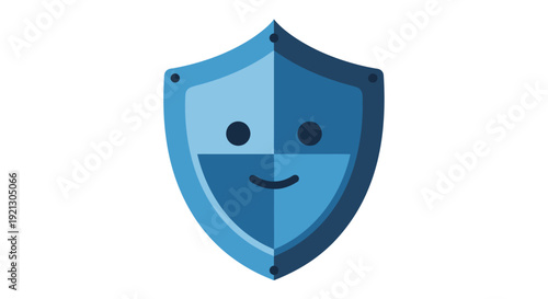 Blue Shield Icon with Smiling Face.
