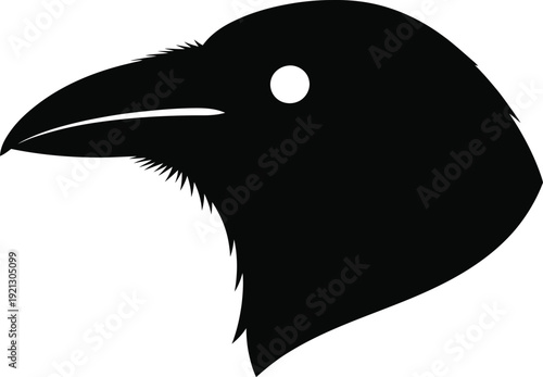 A black silhouette of a raven's head with a distinctive beak and eye