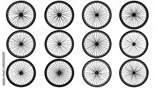 Black and White Bicycle Wheel Icon Set, Minimalist Vector Wheels with Multiple Spoke Styles and Rim Thicknesses