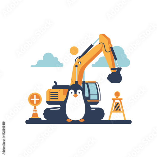 Cute penguin with excavator on construction site, funny animal, work concept