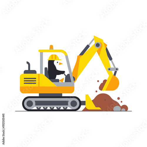 Cute penguin wearing hard hat driving excavator, digging dirt, construction concept