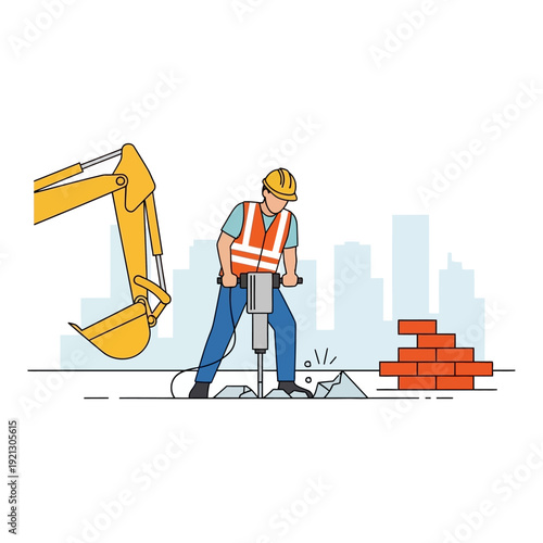 Construction worker using jackhammer to break concrete with excavator and city skyline background