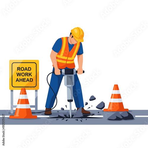 Construction worker using a jackhammer to break up asphalt on a road, road work ahead sign
