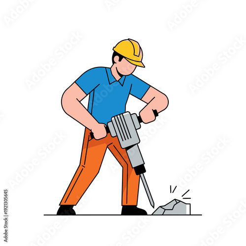 Construction worker operating a jackhammer to break concrete on a building site