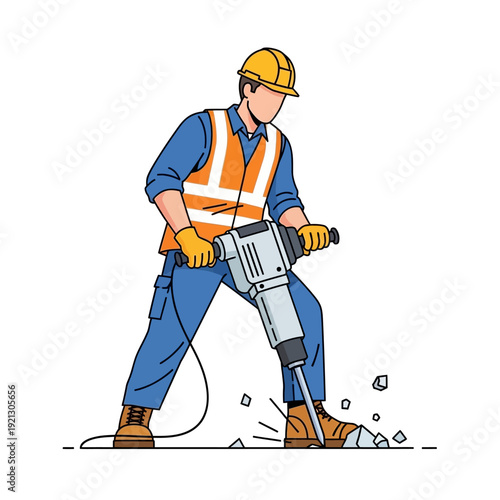 Construction worker operating a jackhammer, breaking concrete pavement on a construction site.