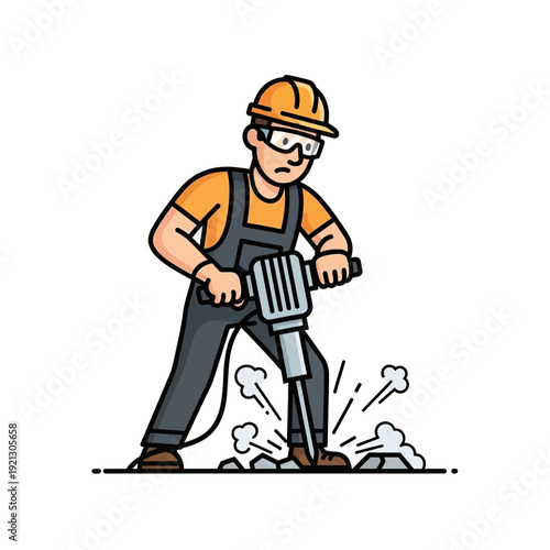 Construction worker using a jackhammer to break concrete, industrial work, safety gear