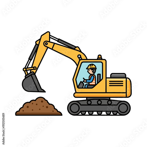 Yellow excavator digging dirt with construction worker in cab on white background