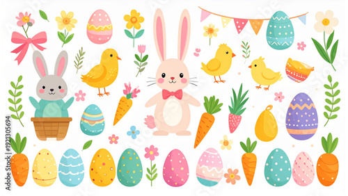 Cute Easter Bunny Spring Holiday Vector Set with Eggs Chick Carrot Flowers and Egg Hunt Sign Flat Colorful Collection