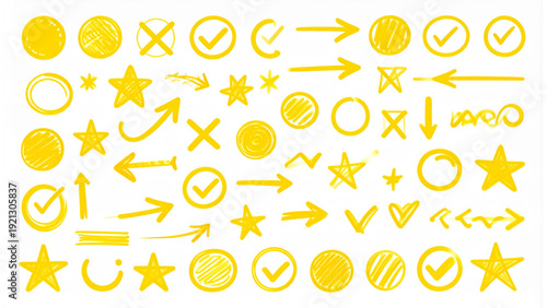 Yellow Hand-Drawn Marker Symbols Vector Set, Doodle Arrows, Highlights, and Graphic Annotation Elements Flat Design