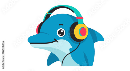 Cartoon Dolphin Wearing Headphones Listening Music.