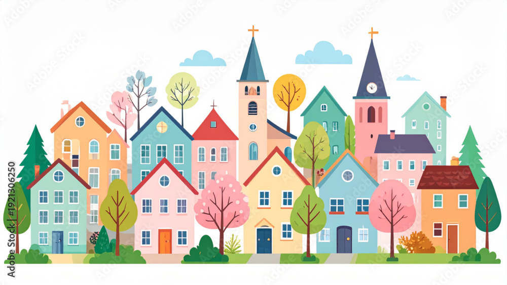 Fototapeta premium Colorful Small Town Neighborhood Vector Illustration Set with Houses, Church and Trees