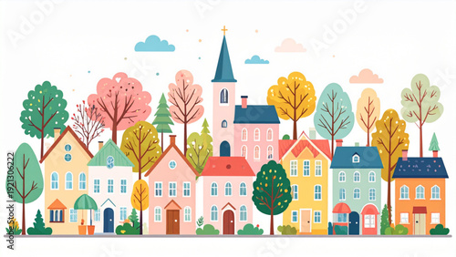 Colorful Small Town Neighborhood Vector Illustration Set with Houses, Church and Trees