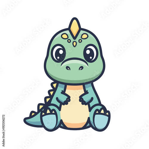 Adorable, plump, cartoon baby T-Rex dinosaur with big, innocent eyes, sitting contentedly, rendered in a cute, friendly, flat vector art style on a white background.