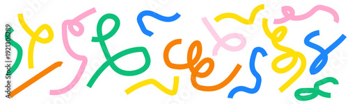 Collection colorful bold curved lines with loops isolated on white. Hand drawn bold grunge wavy and swirled brush strokes. Simple childish vector scribbles and squiggles. Creative trendy style design.