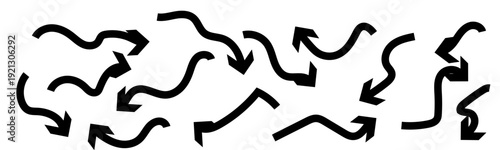 Various bold brush drawn curved arrows. Collection doodle marker thick arrows in different directions. Hand drawn vector direction pointers. Curved and wavy brush strokes with scratches.