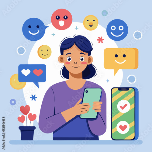 social network concept. Interactive with friends on chat with emoticon feedback.Social media,marketing, like,social network,blog,live,chat reaction and livestream.Person using smart phone