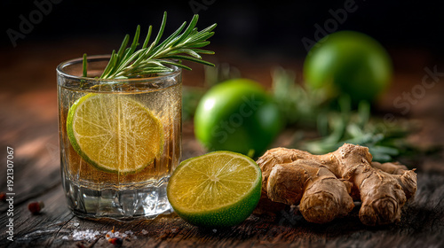 Refreshing Ginger Lime Cocktail with Rosemary Garnish on Rustic Wood