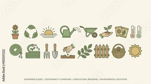 Gardening Icon Vector Set – Green Tools, Plants, Seeds, and Sun Elements for Eco Graphics, Farming Projects, and Sustainable Lifestyle Design