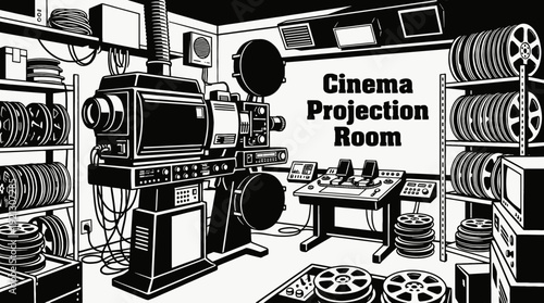 cinema projection room with projector equipment film reels and technical setup black and white vector scene featuring representing movie production and film screening process