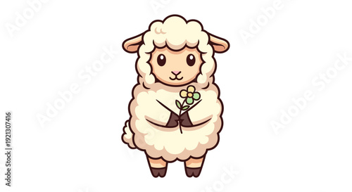 Cartoon Sheep Holding a Flower.