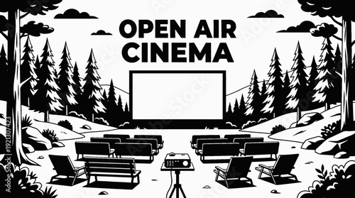 open air cinema with outdoor screen seating and natural environment black and white vector scene representing summer entertainment and community events