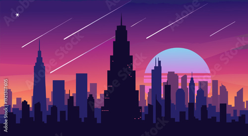 Vector Illustration of City Skyline at Sunset with Shooting Stars and Colorful Gradient Sky – Urban Vector Art