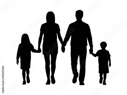 Family of Four Walking Together Holding Hands Silhouette