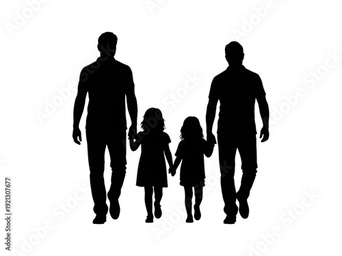 Family of Two Dads dan Two Daughters Together Holding Hands Silhouette