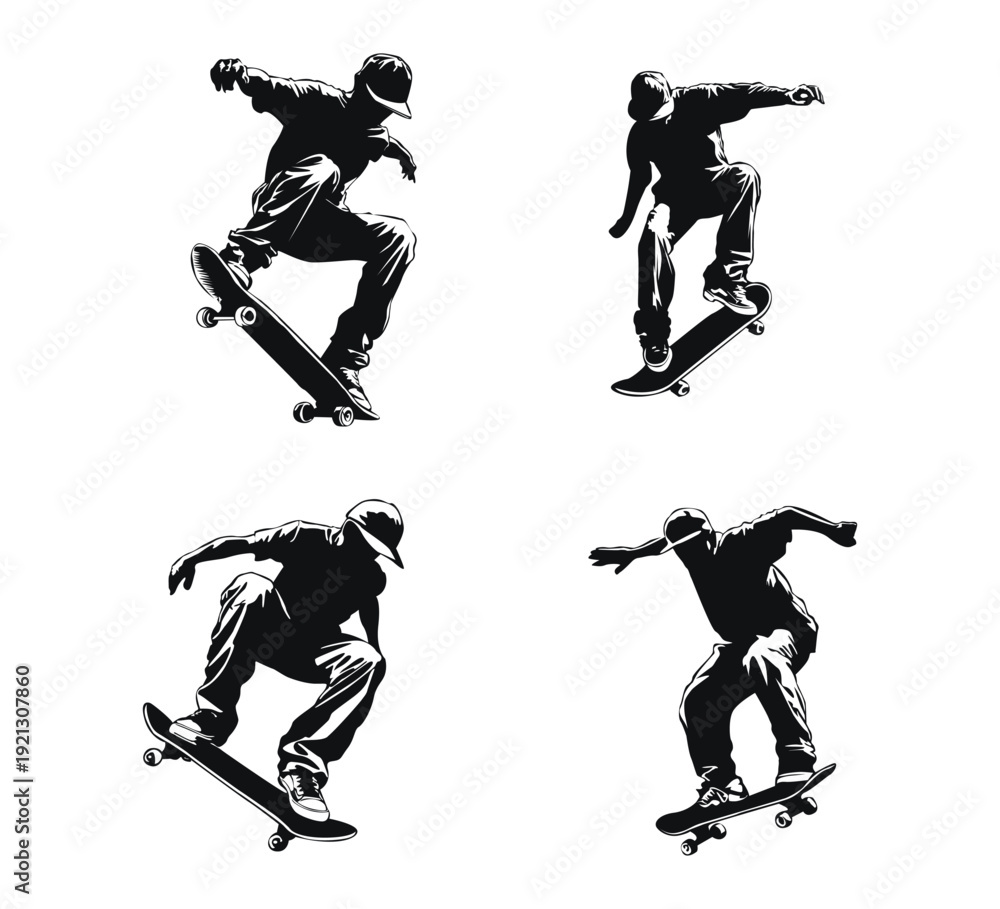 Fototapeta premium silhouette of a skateboarder set vector illustration