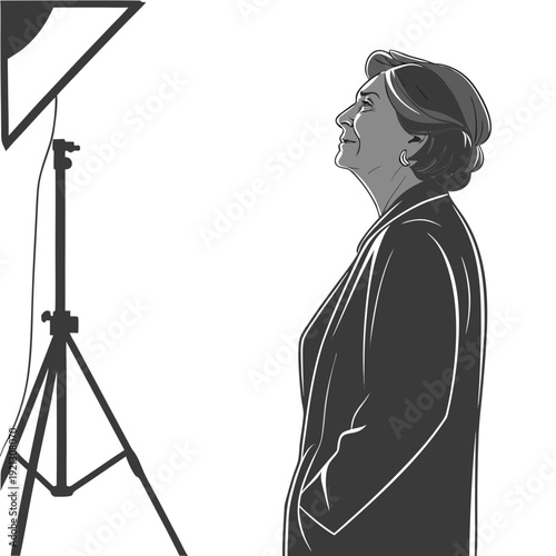 Elderly woman posing for a professional photoshoot in a studio setting.