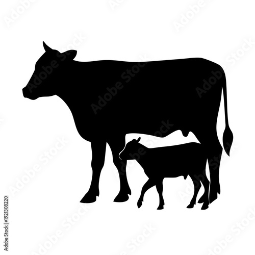 Cow and Calf Silhouette Vector - Mother and Baby Farm Animal Dairy Cattle Illustration
