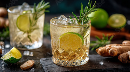 Two Refreshing Cocktails with Lime and Rosemary on Slate