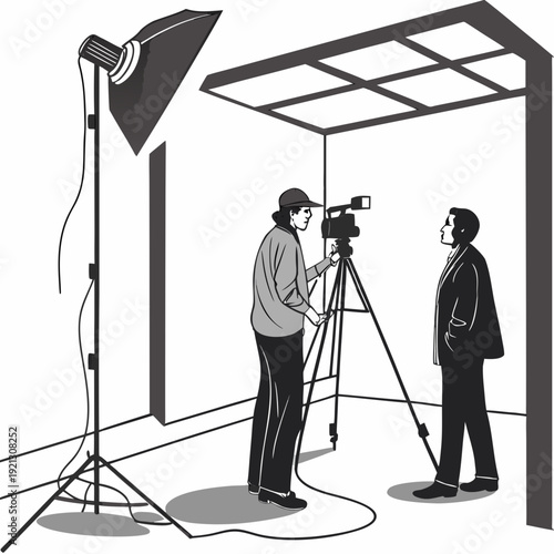 Filming a scene with a cameraman and an actor in a studio setting.